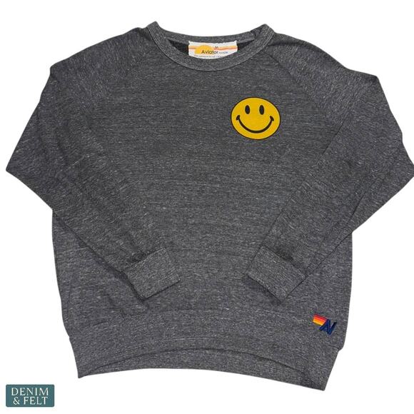 Aviator Nation Smiley Face Crewneck Sweatshirt Heather Grey Pullover Unisex M - Picture 1 of 8